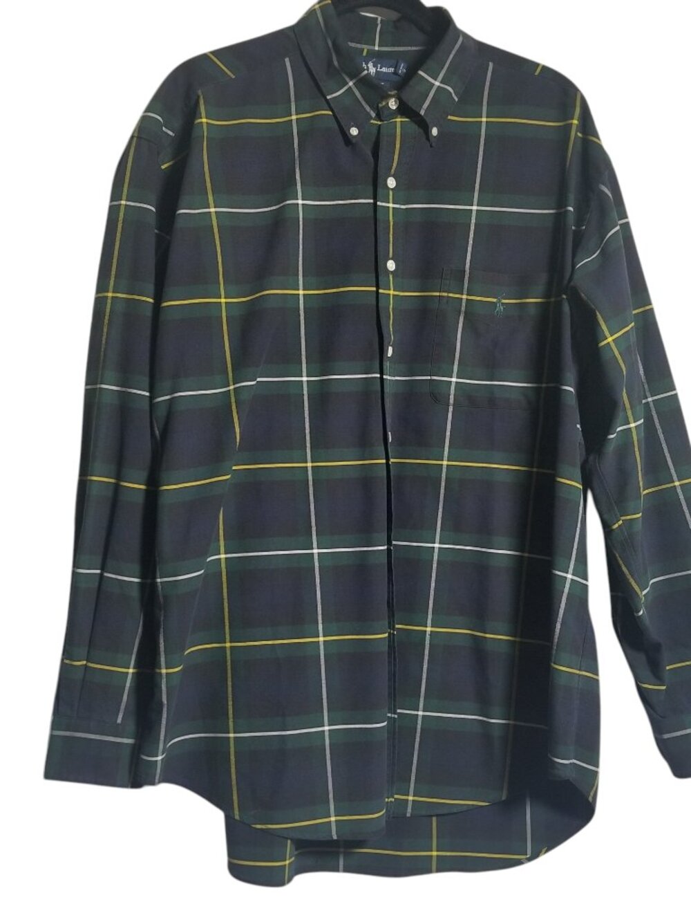 Ralph Lauren Men's Green Black Plaid Big Button Down Shirt Sz L